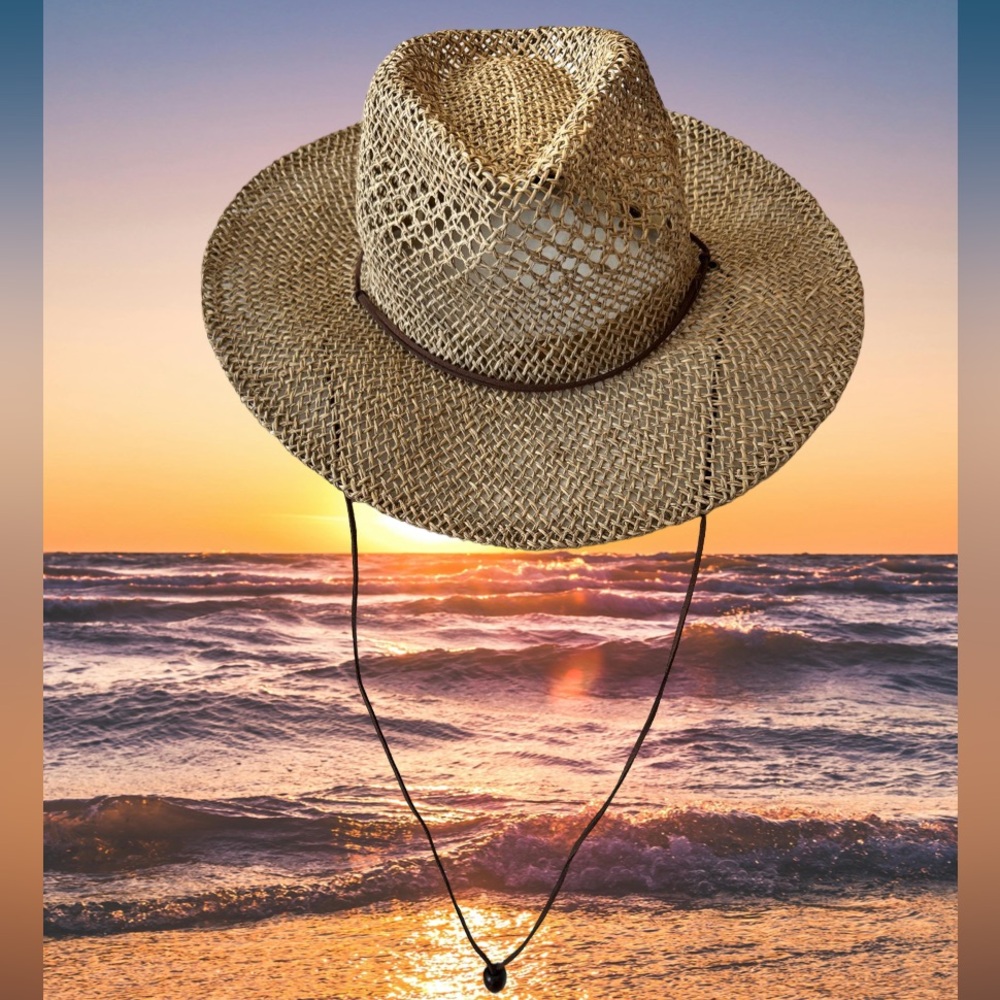 Brown straw wide brim hat with adjustable string at the back